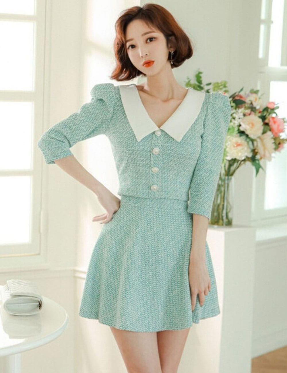 AIDMAX】ミニ/ドレス/セットアップ/ミント/グリーン/フレア/ツイード