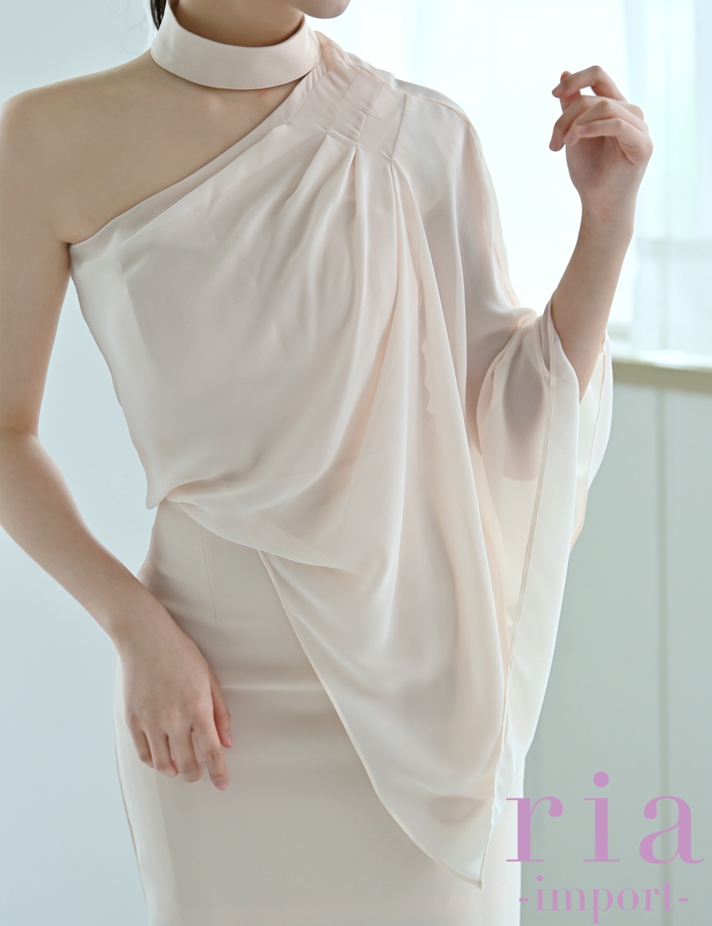 【ria】丈長/ドレス/ワンピース/タイト/チョーカー風/ワンショル/ピンク/ベージュ