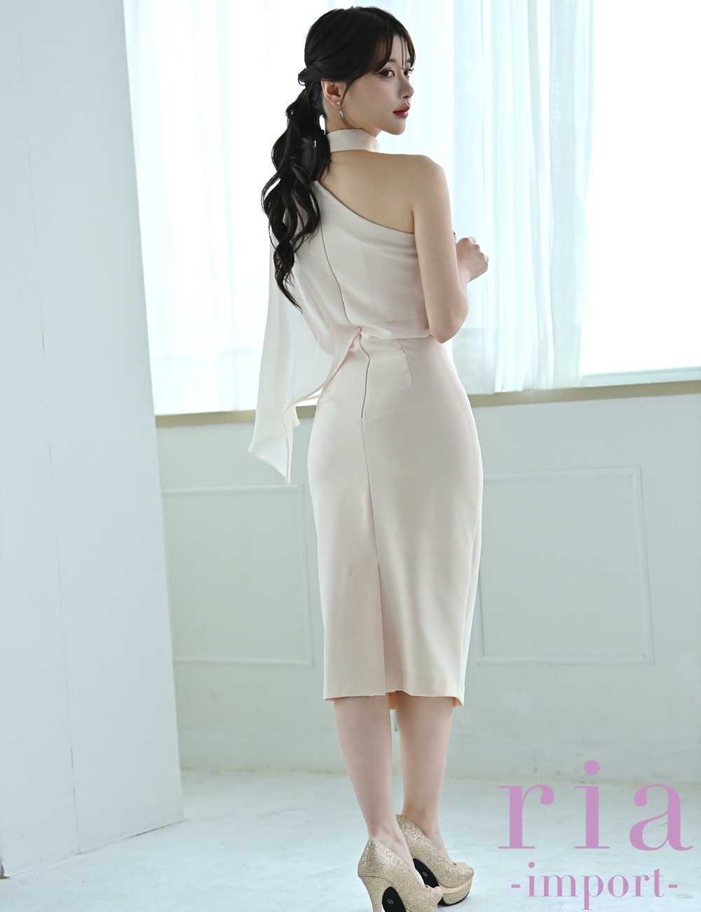 【ria】丈長/ドレス/ワンピース/タイト/チョーカー風/ワンショル/ピンク/ベージュ