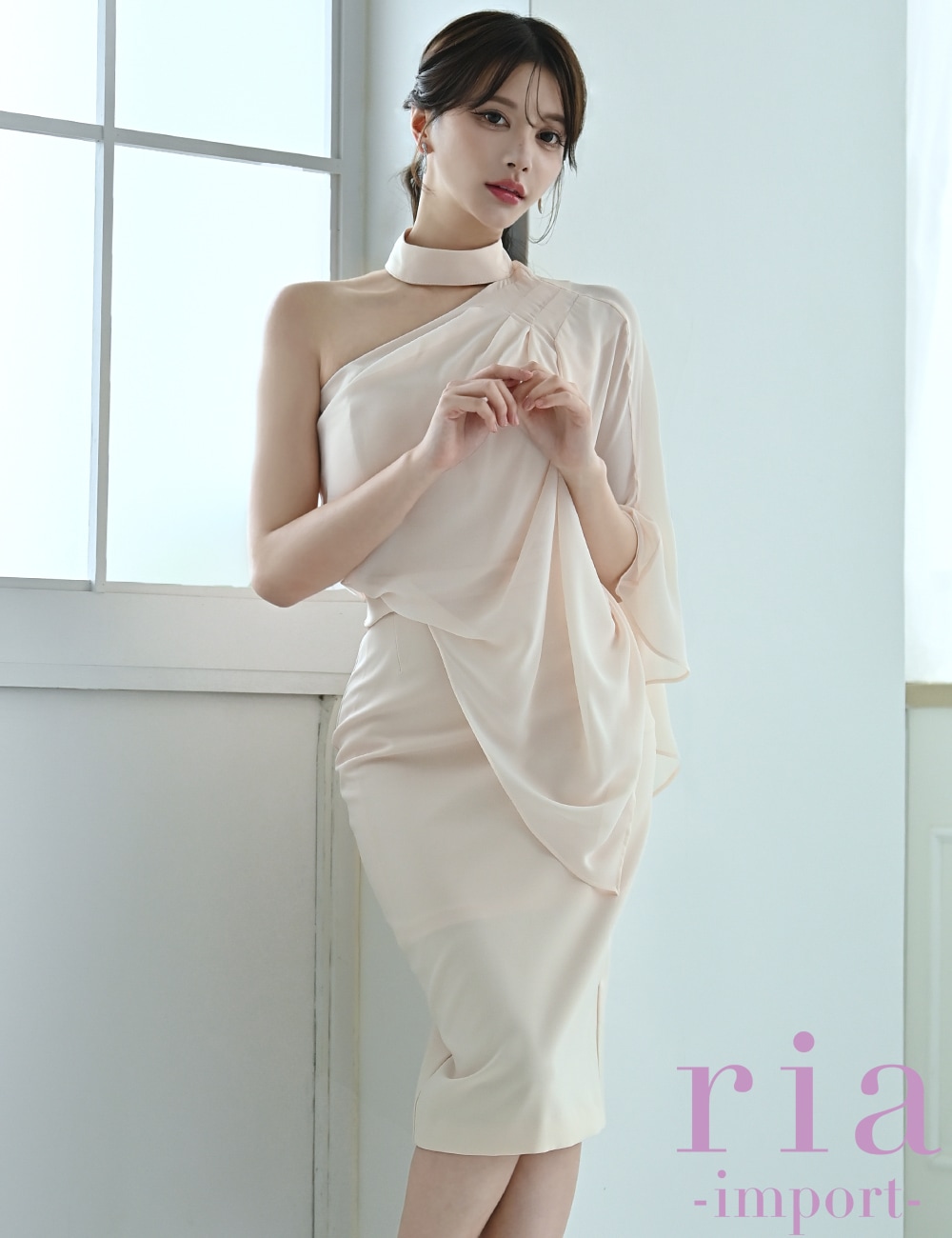 【ria】丈長/ドレス/ワンピース/タイト/チョーカー風/ワンショル/ピンク/ベージュ