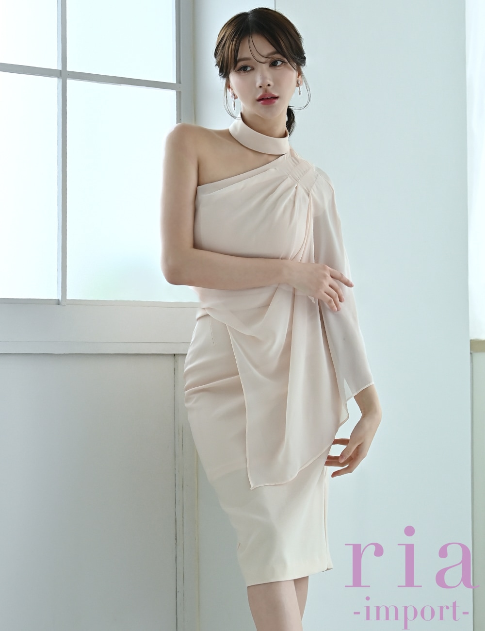 【ria】丈長/ドレス/ワンピース/タイト/チョーカー風/ワンショル/ピンク/ベージュ