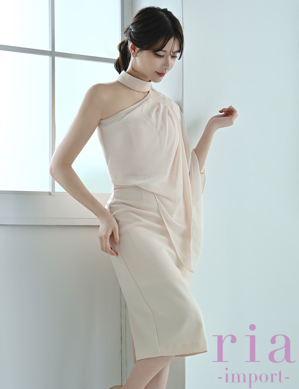 【ria】丈長/ドレス/ワンピース/タイト/チョーカー風/ワンショル/ピンク/ベージュ