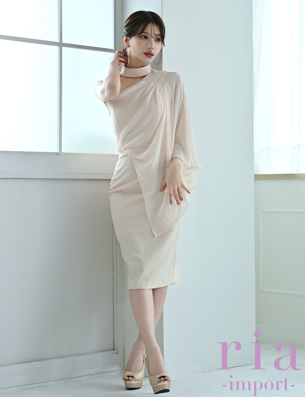 【ria】丈長/ドレス/ワンピース/タイト/チョーカー風/ワンショル/ピンク/ベージュ