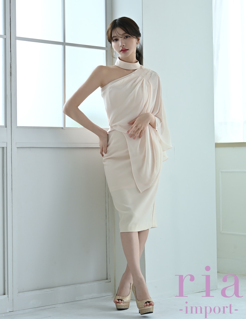 【ria】丈長/ドレス/ワンピース/タイト/チョーカー風/ワンショル/ピンク/ベージュ