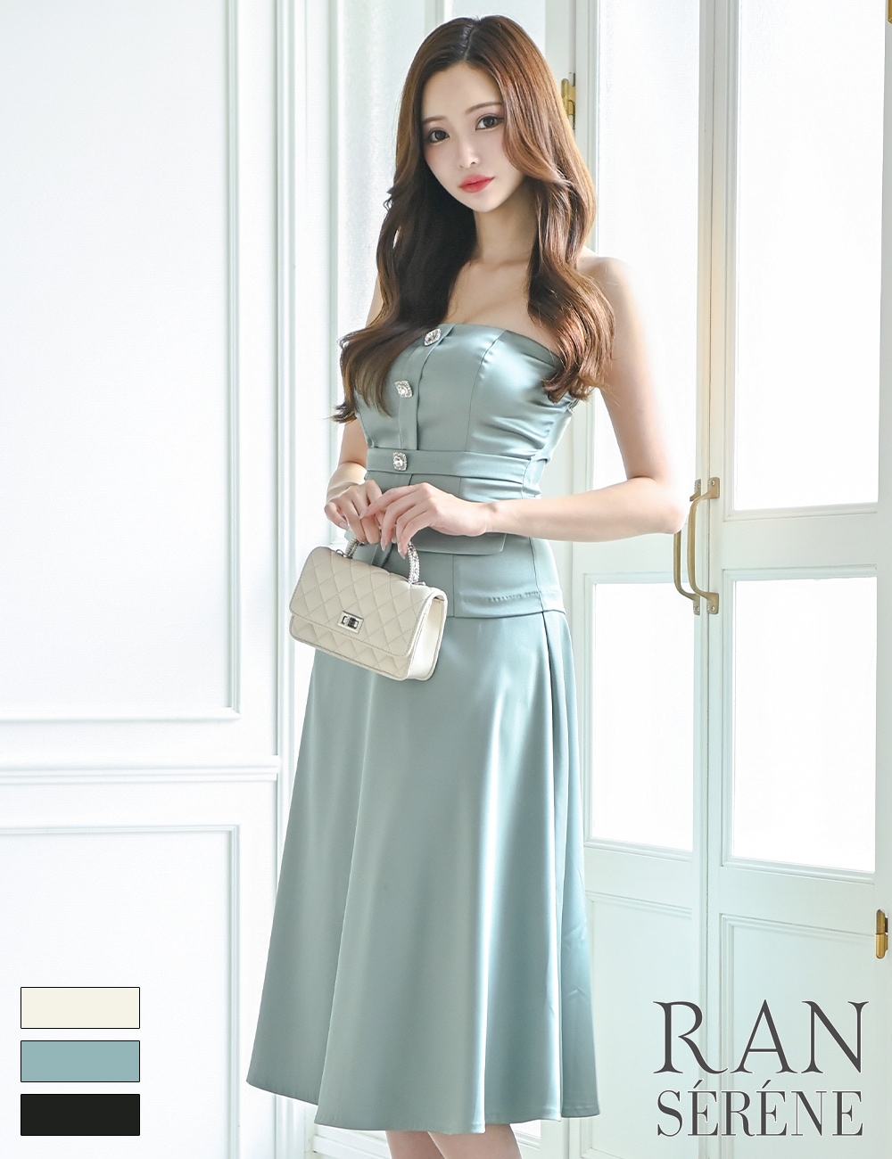 [即納][instock]【RAN SERENE】丈長/ドレス/ワンピース/ミント/グリーン/ベア/フレア/サテン