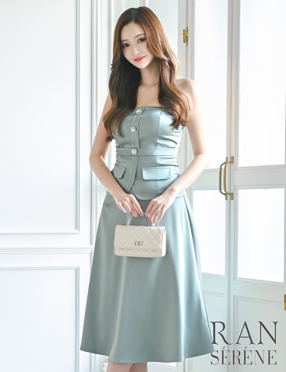 [即納][instock]【RAN SERENE】丈長/ドレス/ワンピース/ミント/グリーン/ベア/フレア/サテン