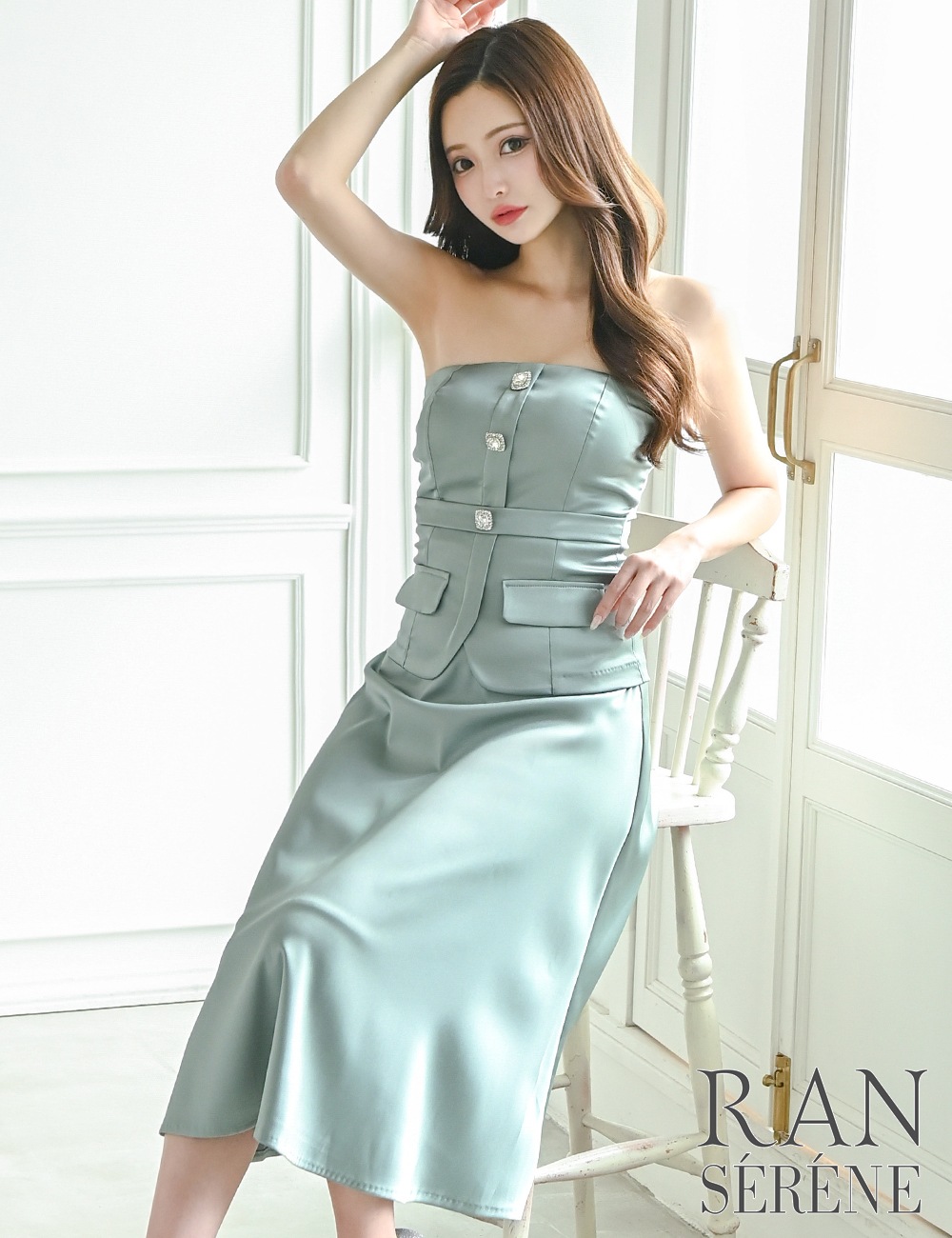 [即納][instock]【RAN SERENE】丈長/ドレス/ワンピース/ミント/グリーン/ベア/フレア/サテン