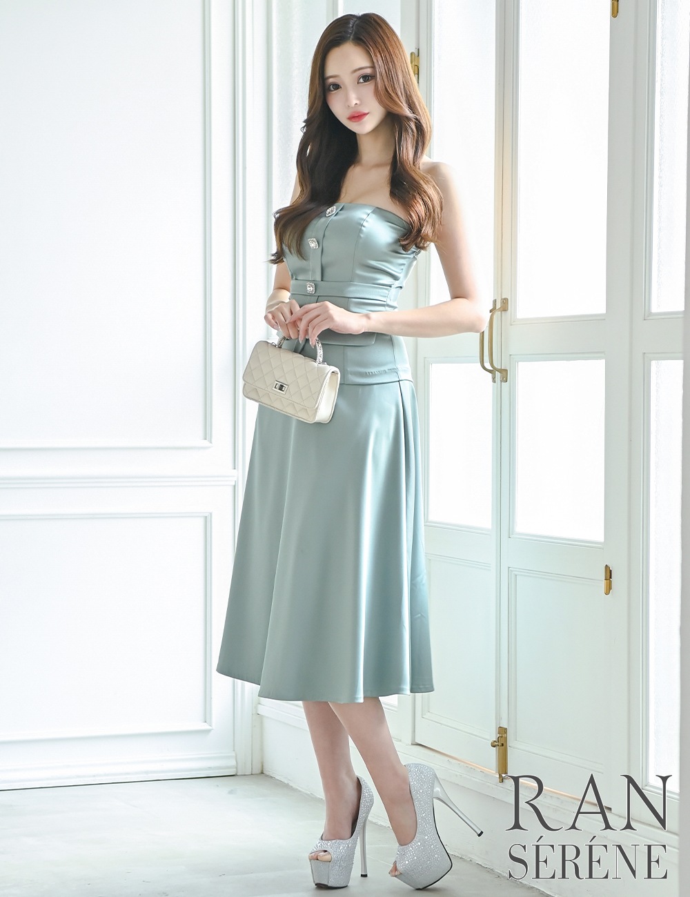 [即納][instock]【RAN SERENE】丈長/ドレス/ワンピース/ミント/グリーン/ベア/フレア/サテン