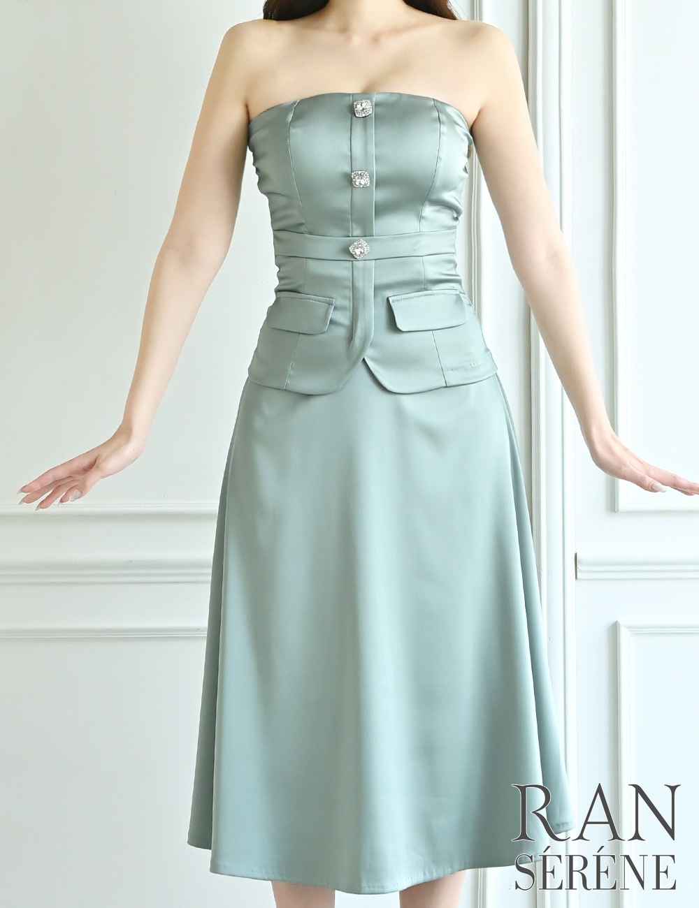 [即納][instock]【RAN SERENE】丈長/ドレス/ワンピース/ミント/グリーン/ベア/フレア/サテン