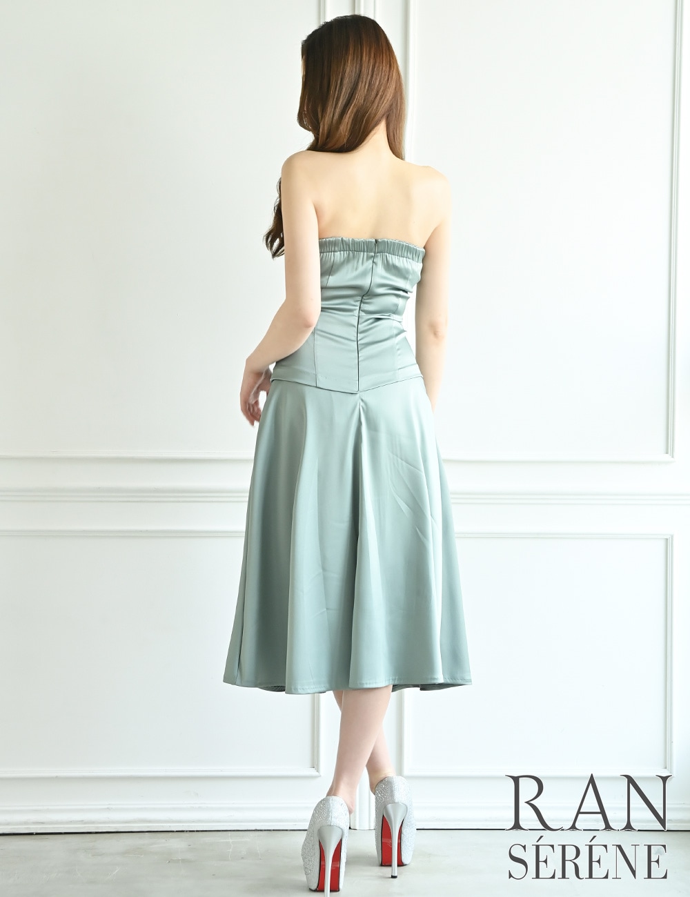 [即納][instock]【RAN SERENE】丈長/ドレス/ワンピース/ミント/グリーン/ベア/フレア/サテン