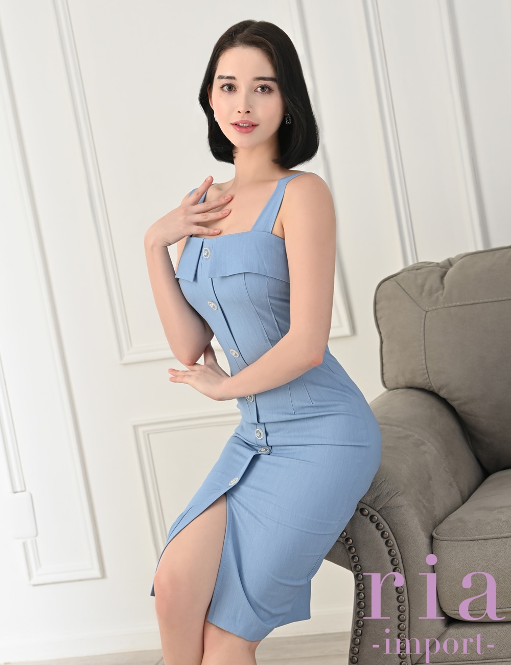 【ria】丈長/ドレス/タイト/ワンピース/ブルー/ボタン/スリット