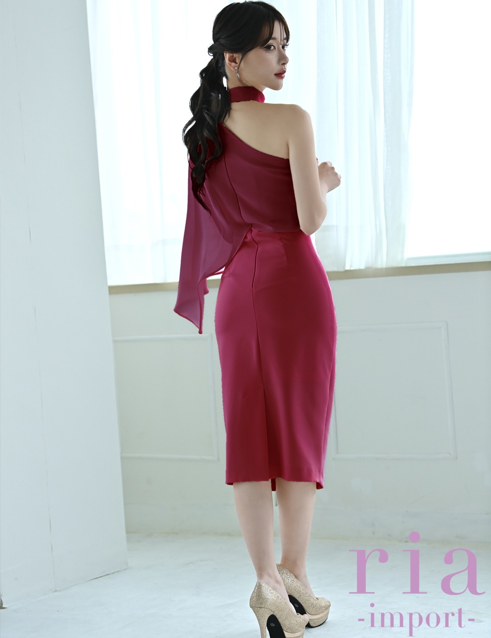 【ria】丈長/ドレス/ワンピース/タイト/チョーカー風/ワンショル/レッド