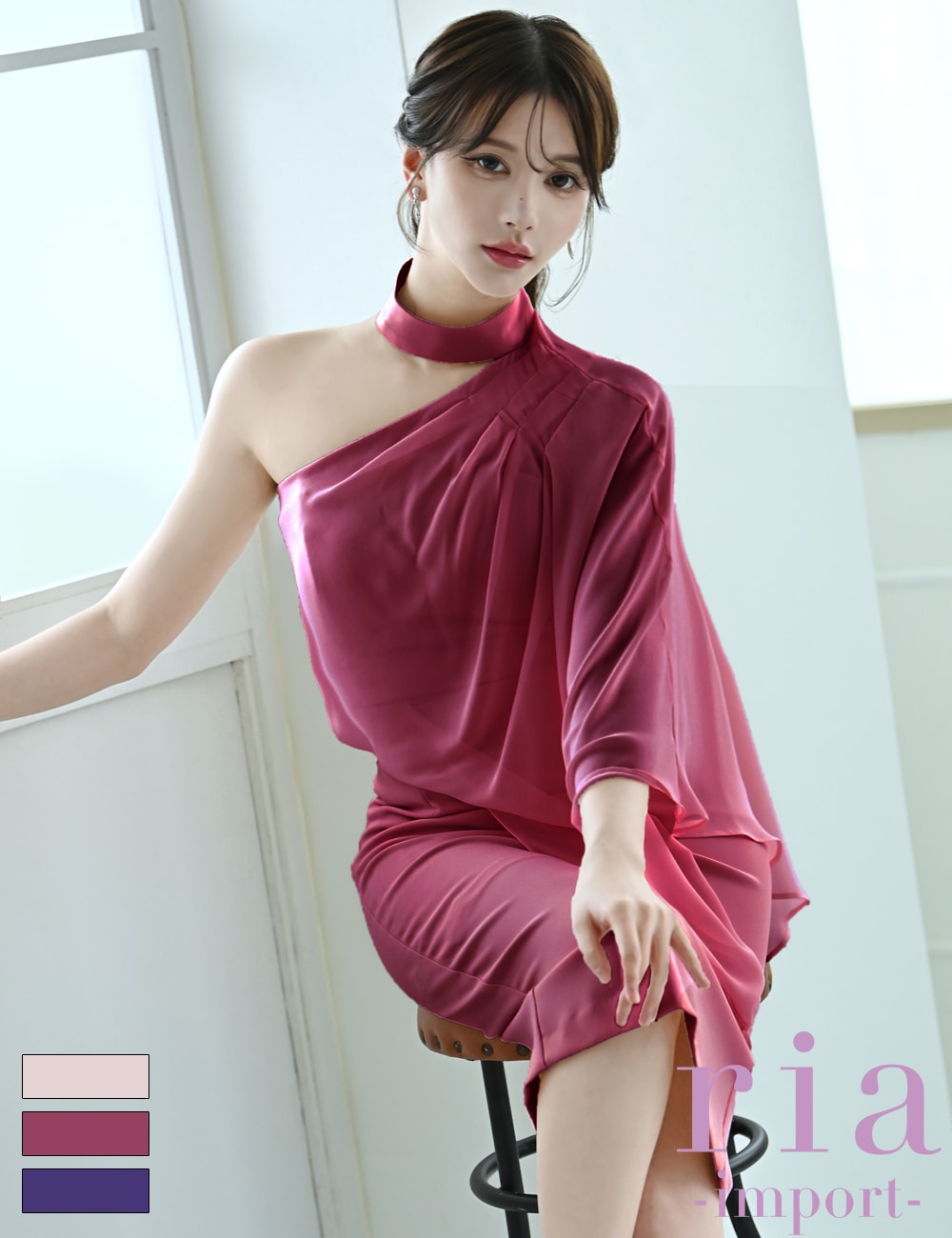 【ria】丈長/ドレス/ワンピース/タイト/チョーカー風/ワンショル/レッド