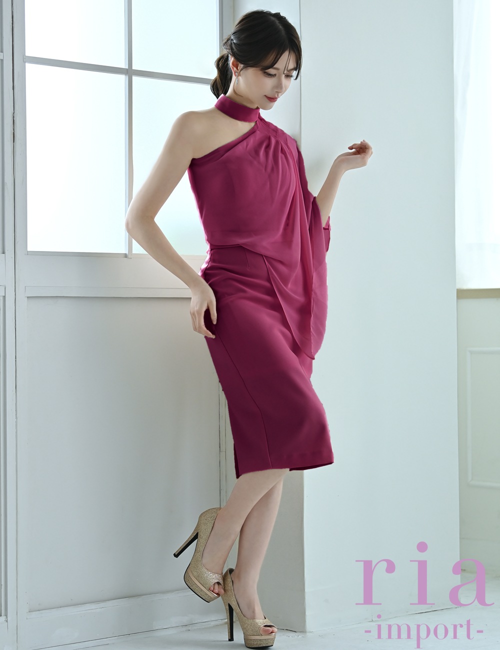 【ria】丈長/ドレス/ワンピース/タイト/チョーカー風/ワンショル/レッド