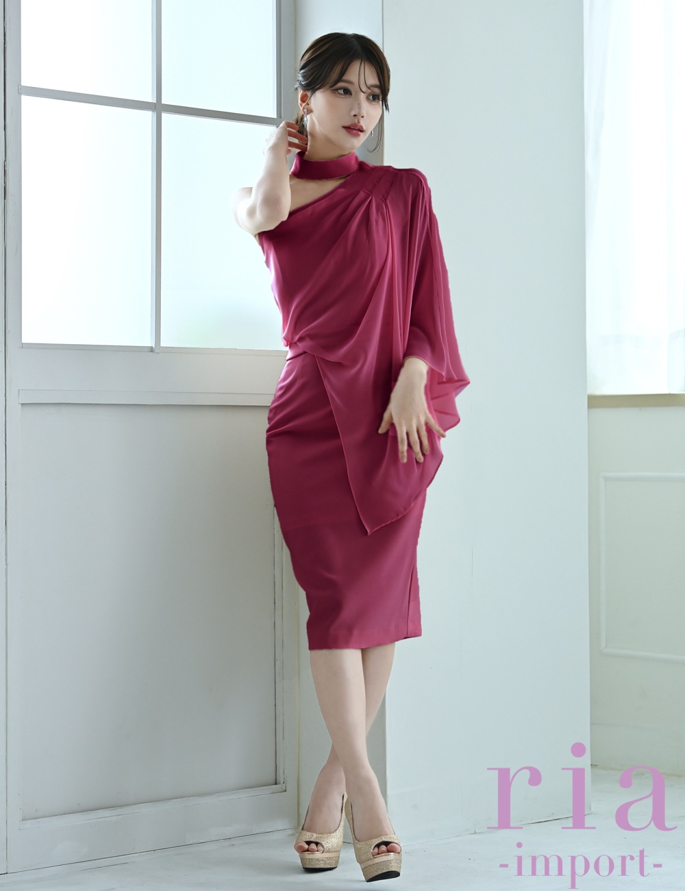 【ria】丈長/ドレス/ワンピース/タイト/チョーカー風/ワンショル/レッド