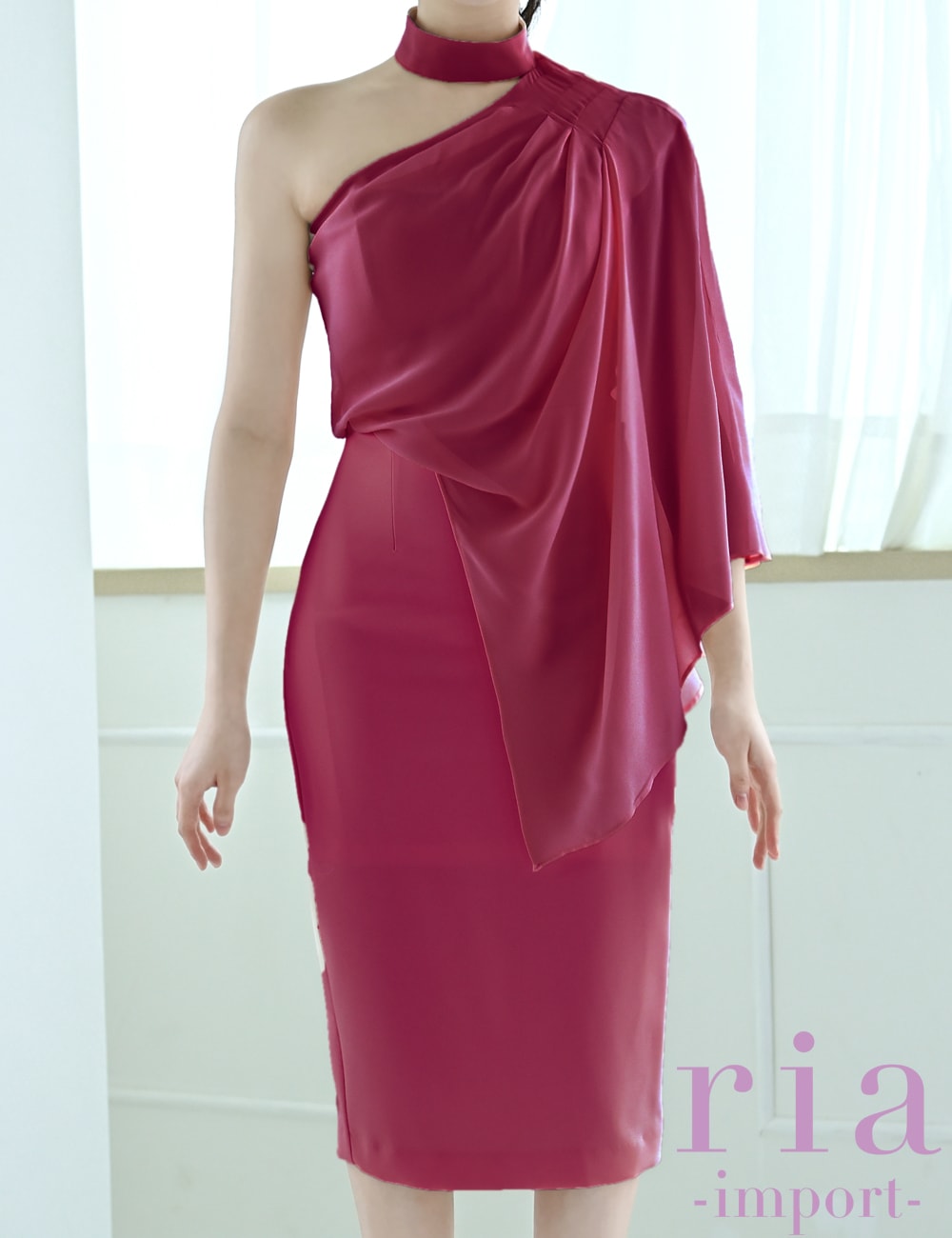 【ria】丈長/ドレス/ワンピース/タイト/チョーカー風/ワンショル/レッド