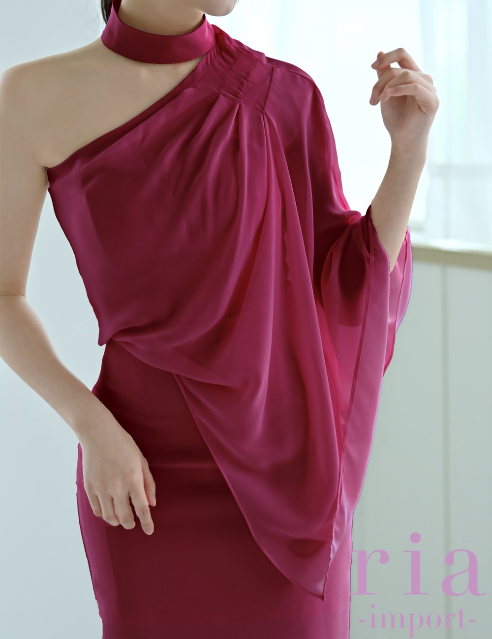 【ria】丈長/ドレス/ワンピース/タイト/チョーカー風/ワンショル/レッド