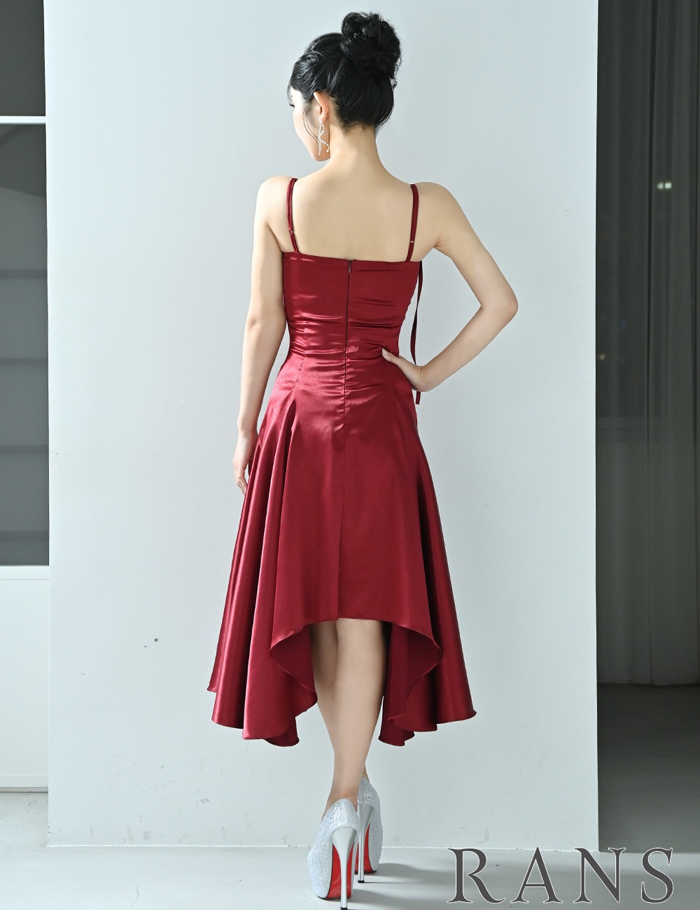 [即納][instock]【RANS】丈長/ドレス/ワンピース/レッド/キャミ/フレア/サテン/リボン