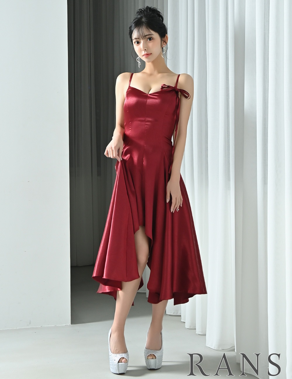 [即納][instock]【RANS】丈長/ドレス/ワンピース/レッド/キャミ/フレア/サテン/リボン