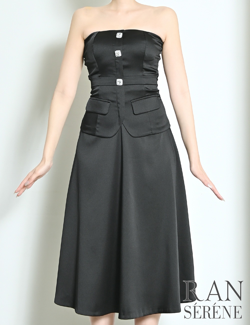 [即納][instock]【RAN SERENE】丈長/ドレス/ワンピース/ブラック/ベア/フレア/サテン