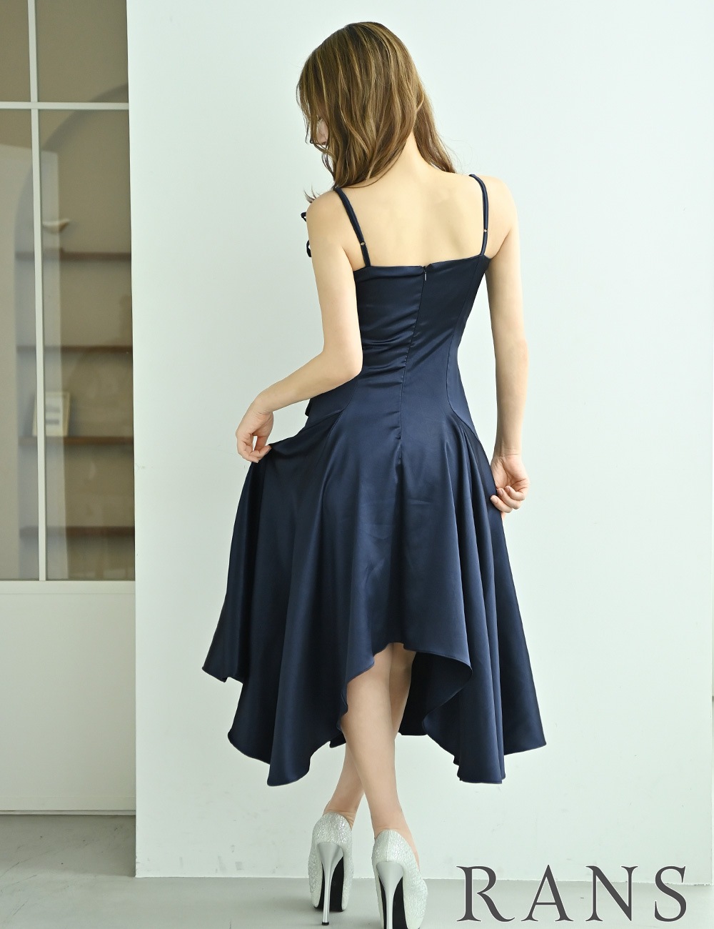 [即納][instock]【RANS】丈長/ドレス/ワンピース/ネイビー/キャミ/フレア/サテン/リボン