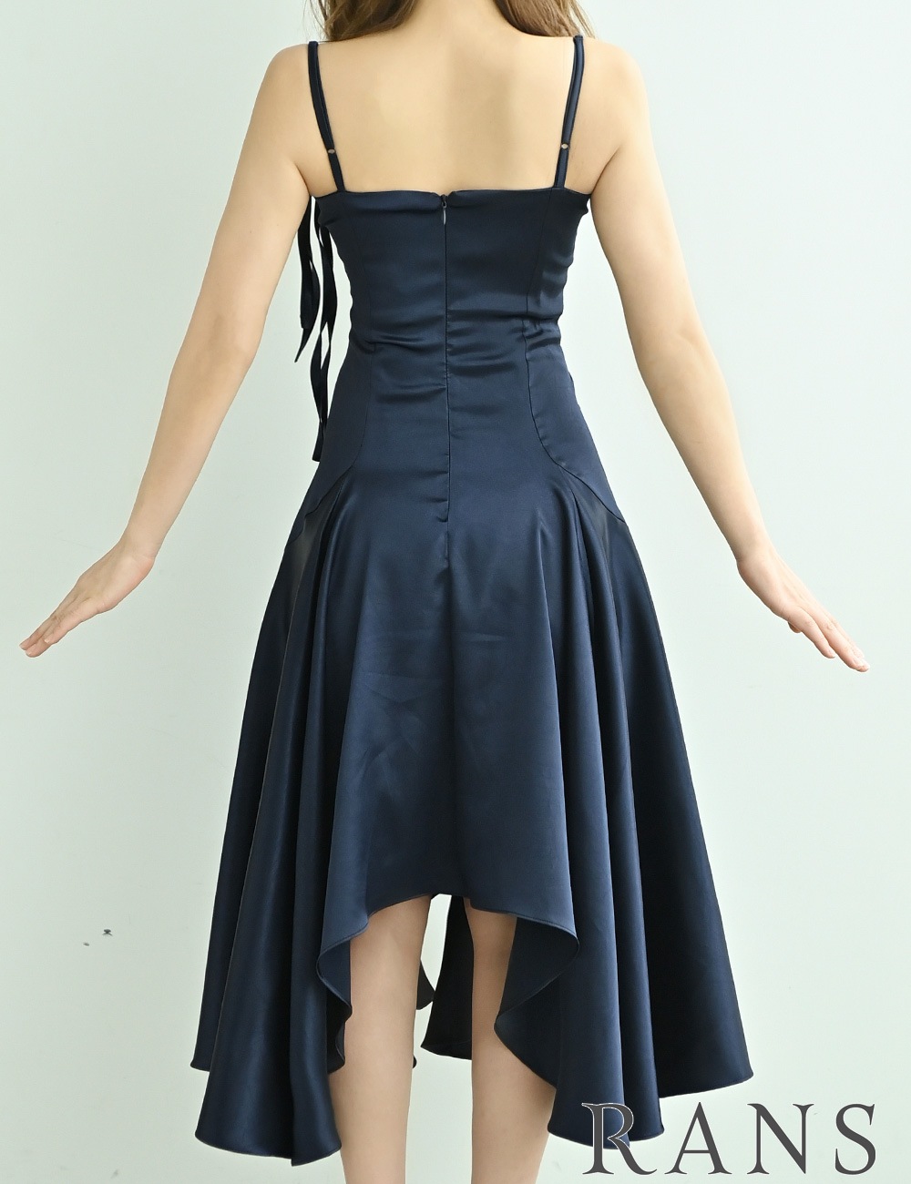 [即納][instock]【RANS】丈長/ドレス/ワンピース/ネイビー/キャミ/フレア/サテン/リボン