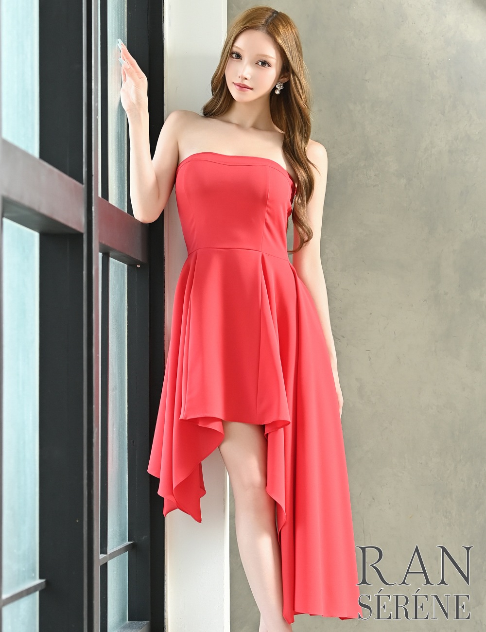 [Sのみ即納][instock]【RAN SERENE】丈長/ミニ/ドレス/ワンピース/レッド/ベア/フレア/アシンメトリー