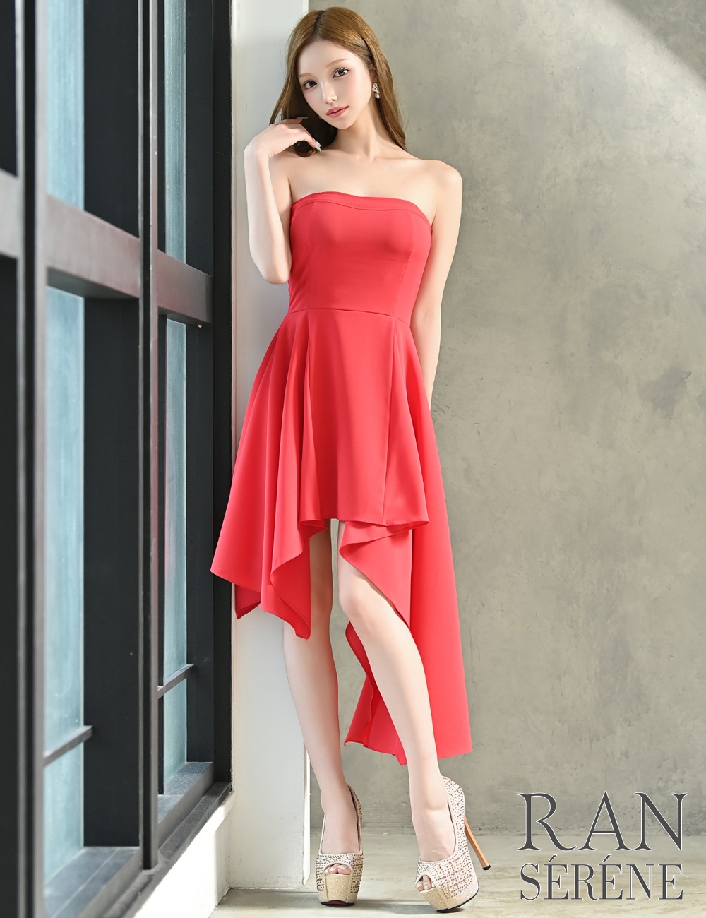 [Sのみ即納][instock]【RAN SERENE】丈長/ミニ/ドレス/ワンピース/レッド/ベア/フレア/アシンメトリー