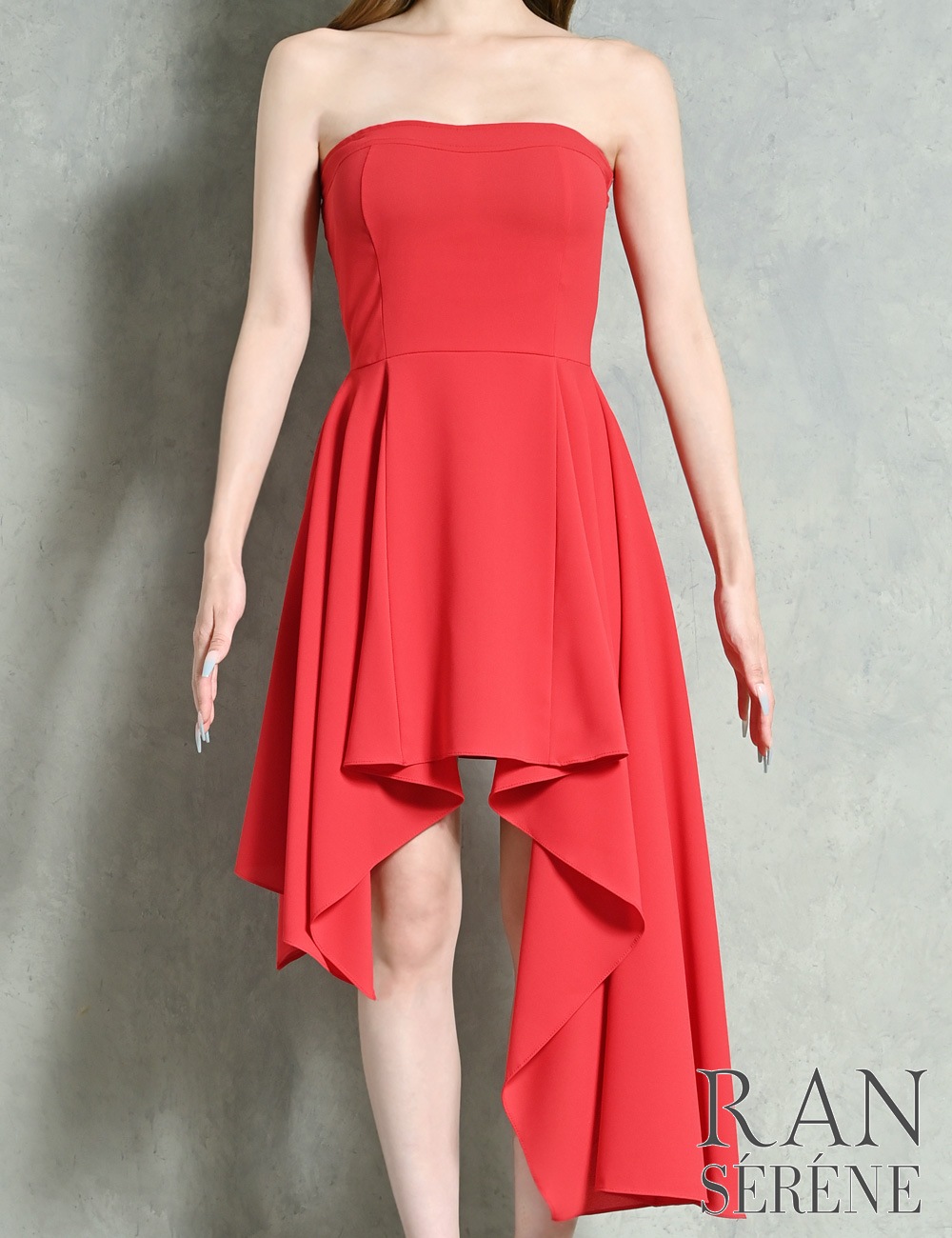 [Sのみ即納][instock]【RAN SERENE】丈長/ミニ/ドレス/ワンピース/レッド/ベア/フレア/アシンメトリー