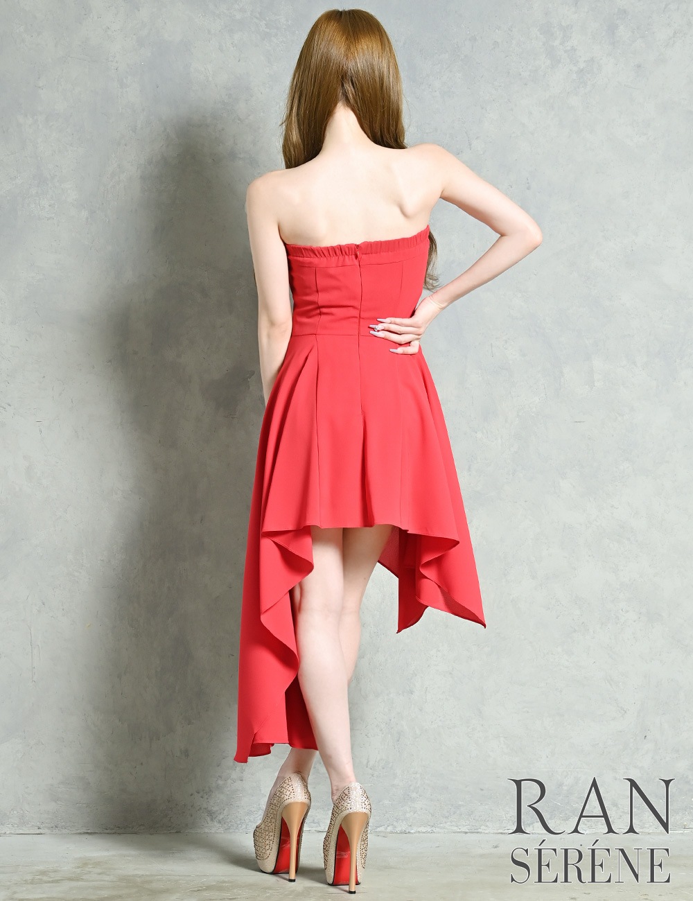 [Sのみ即納][instock]【RAN SERENE】丈長/ミニ/ドレス/ワンピース/レッド/ベア/フレア/アシンメトリー
