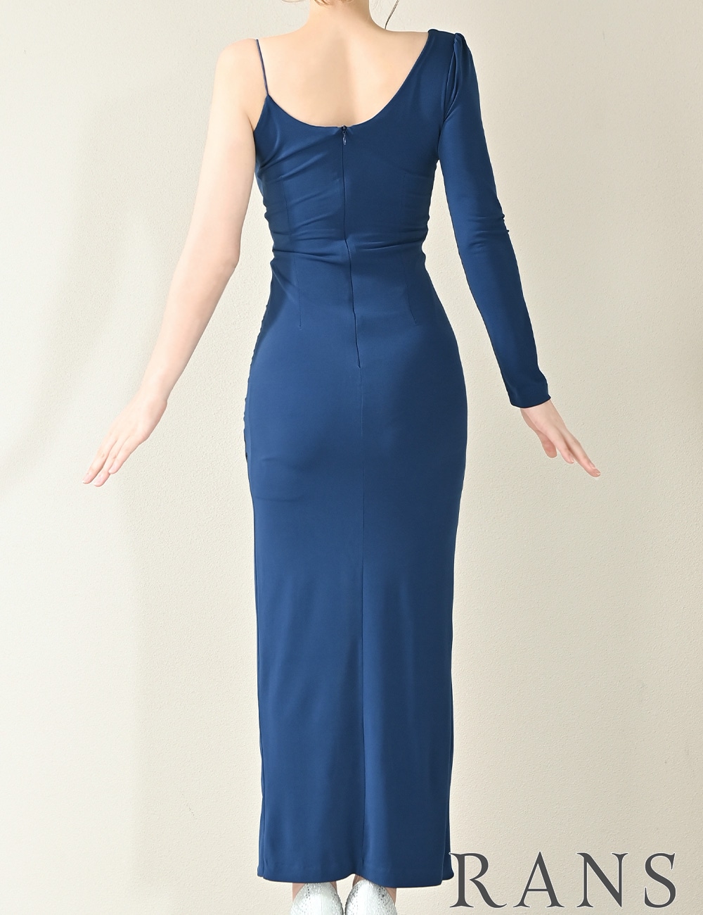 [即納][instock]【RANS】ロング/ドレス/ワンピース/ネイビー/ワンショル/袖あり/長袖/タイト/スリット