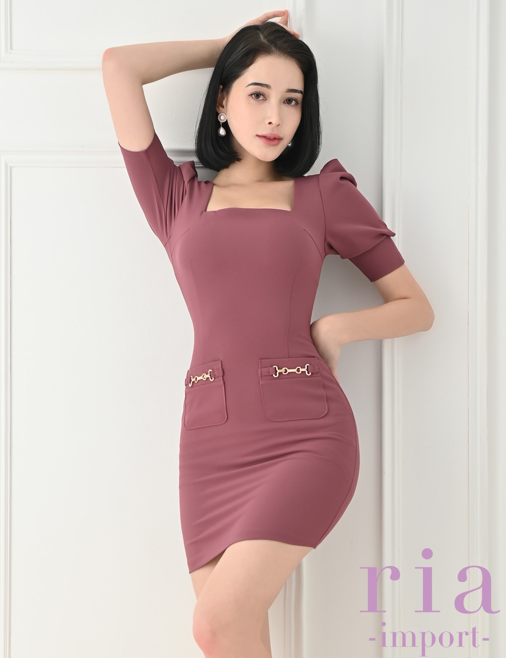 【ria】ミニ/ドレス/ワンピース/ピンク/袖あり/タイト