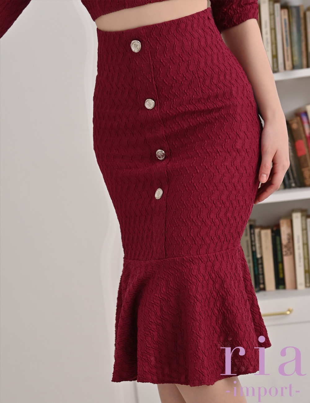 【ria】丈長/ドレス/セットアップ/レッド/ジャガード/袖あり/七分袖/マーメイド/パワショル