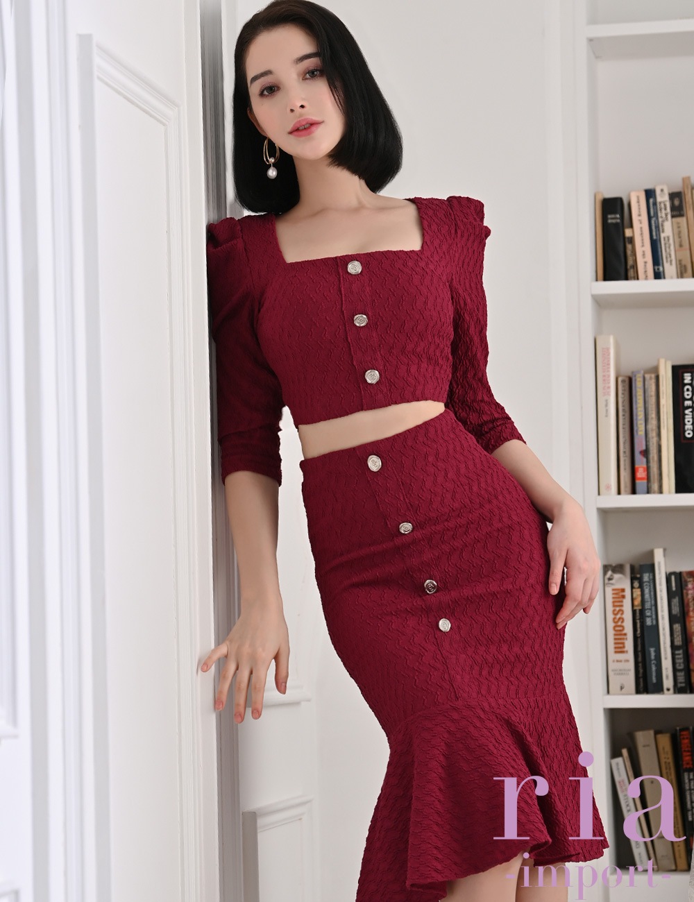 【ria】丈長/ドレス/セットアップ/レッド/ジャガード/袖あり/七分袖/マーメイド/パワショル