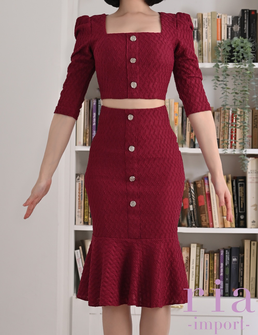 【ria】丈長/ドレス/セットアップ/レッド/ジャガード/袖あり/七分袖/マーメイド/パワショル