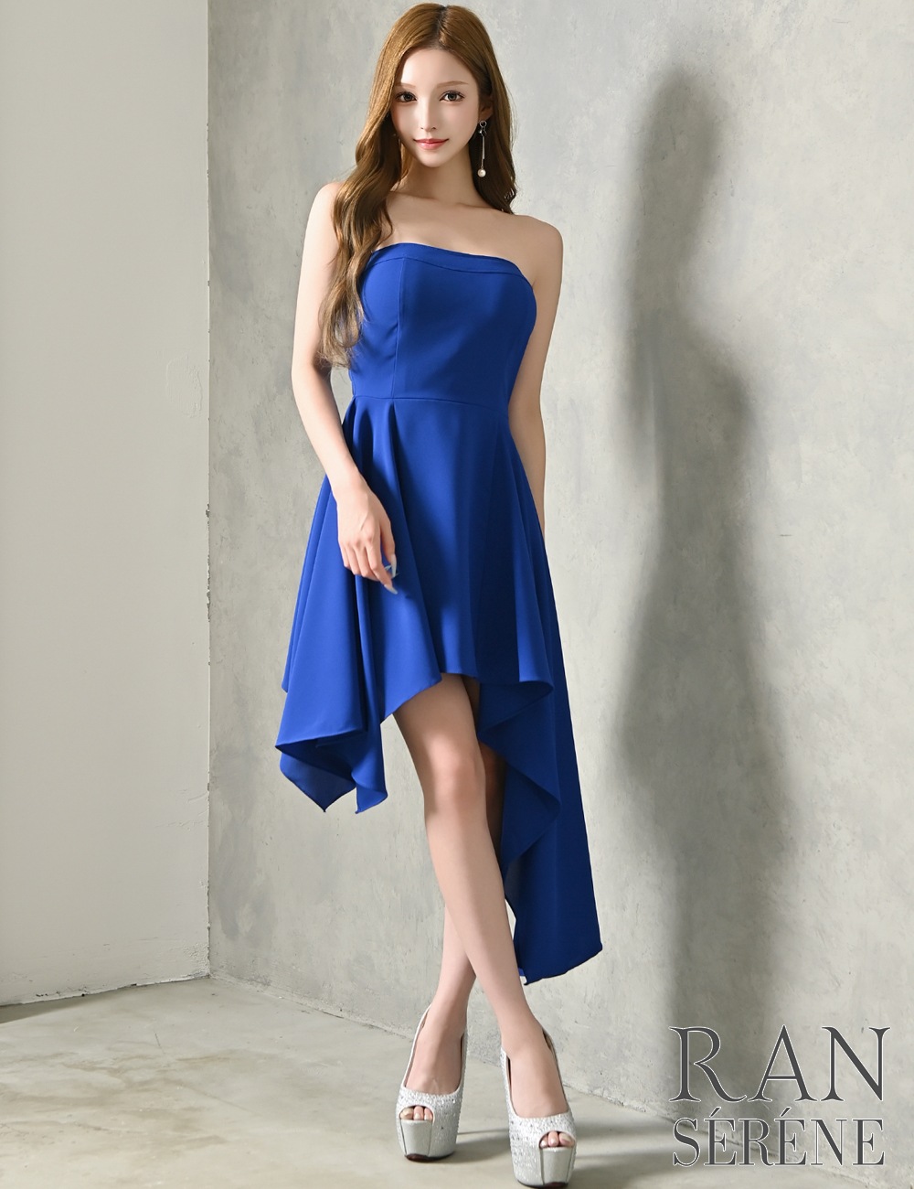 [即納][instock]【RAN SERENE】丈長/ミニ/ドレス/ワンピース/ブルー/ベア/フレア/アシンメトリー