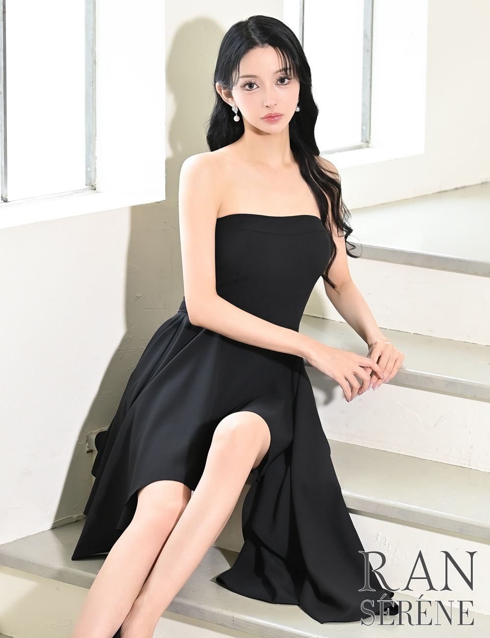 [即納][instock]【RAN SERENE】丈長/ミニ/ドレス/ワンピース/ブラック/ベア/フレア/アシンメトリー