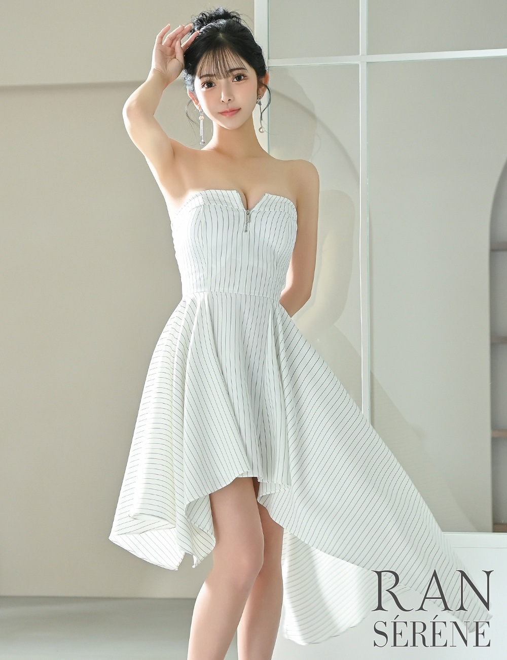 [即納][instock]【RAN SERENE】丈長/ミニ/ドレス/ワンピース/ホワイト/ベア/フレア/アシンメトリー/柄/ストライプ
