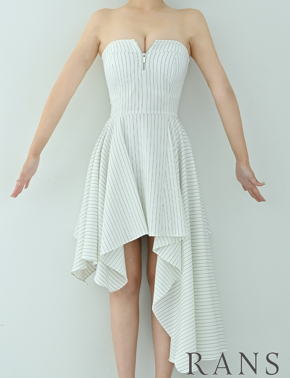[即納][instock]【RANS】丈長/ミニ/ドレス/ワンピース/ホワイト/ベア/フレア/アシンメトリー/柄/ストライプ