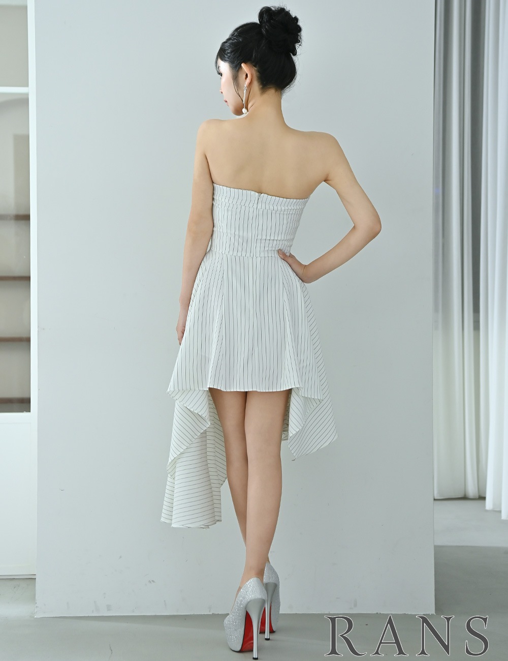 [即納][instock]【RANS】丈長/ミニ/ドレス/ワンピース/ホワイト/ベア/フレア/アシンメトリー/柄/ストライプ