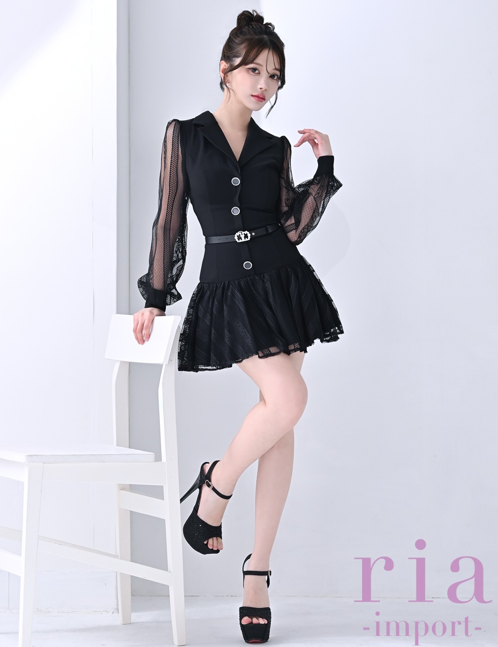 ria】ミニ/ドレス/ワンピース/ブラック/レース/長袖/袖あり/フレア