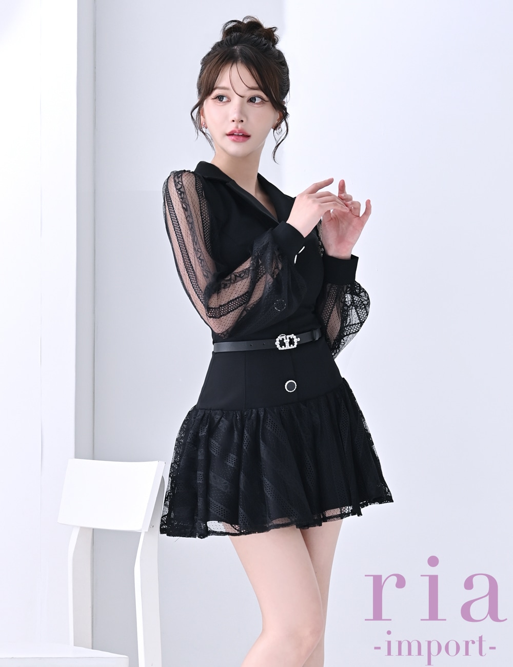 ria】ミニ/ドレス/ワンピース/ブラック/レース/長袖/袖あり/フレア