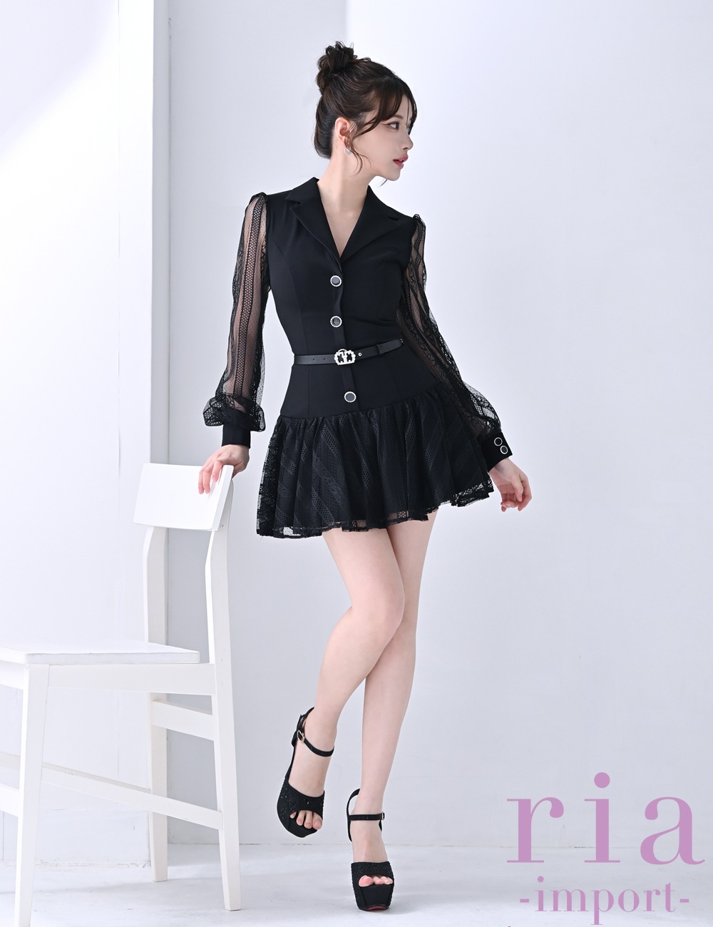 ria】ミニ/ドレス/ワンピース/ブラック/レース/長袖/袖あり/フレア