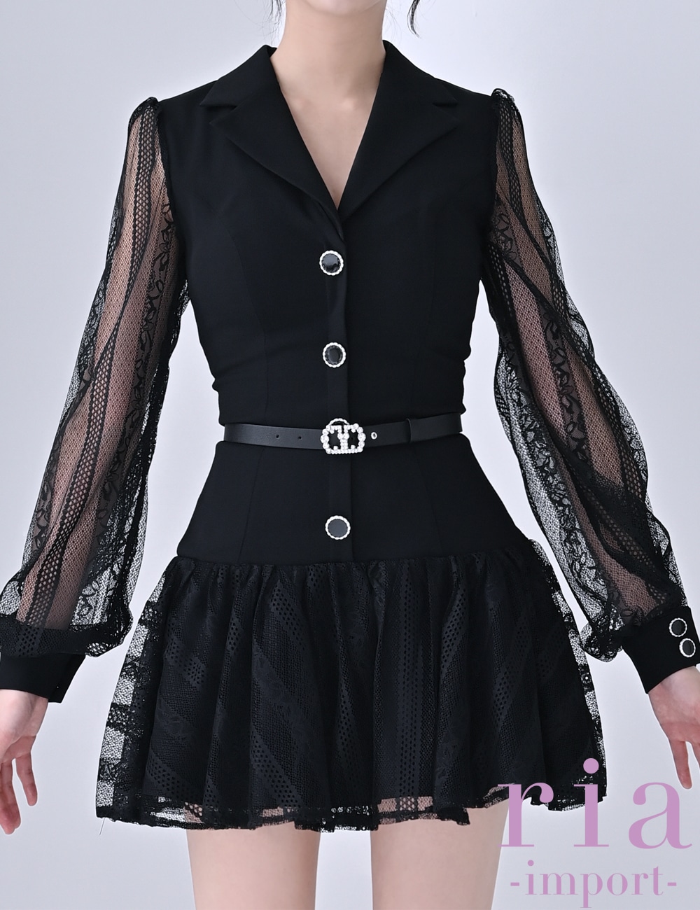 ria】ミニ/ドレス/ワンピース/ブラック/レース/長袖/袖あり/フレア