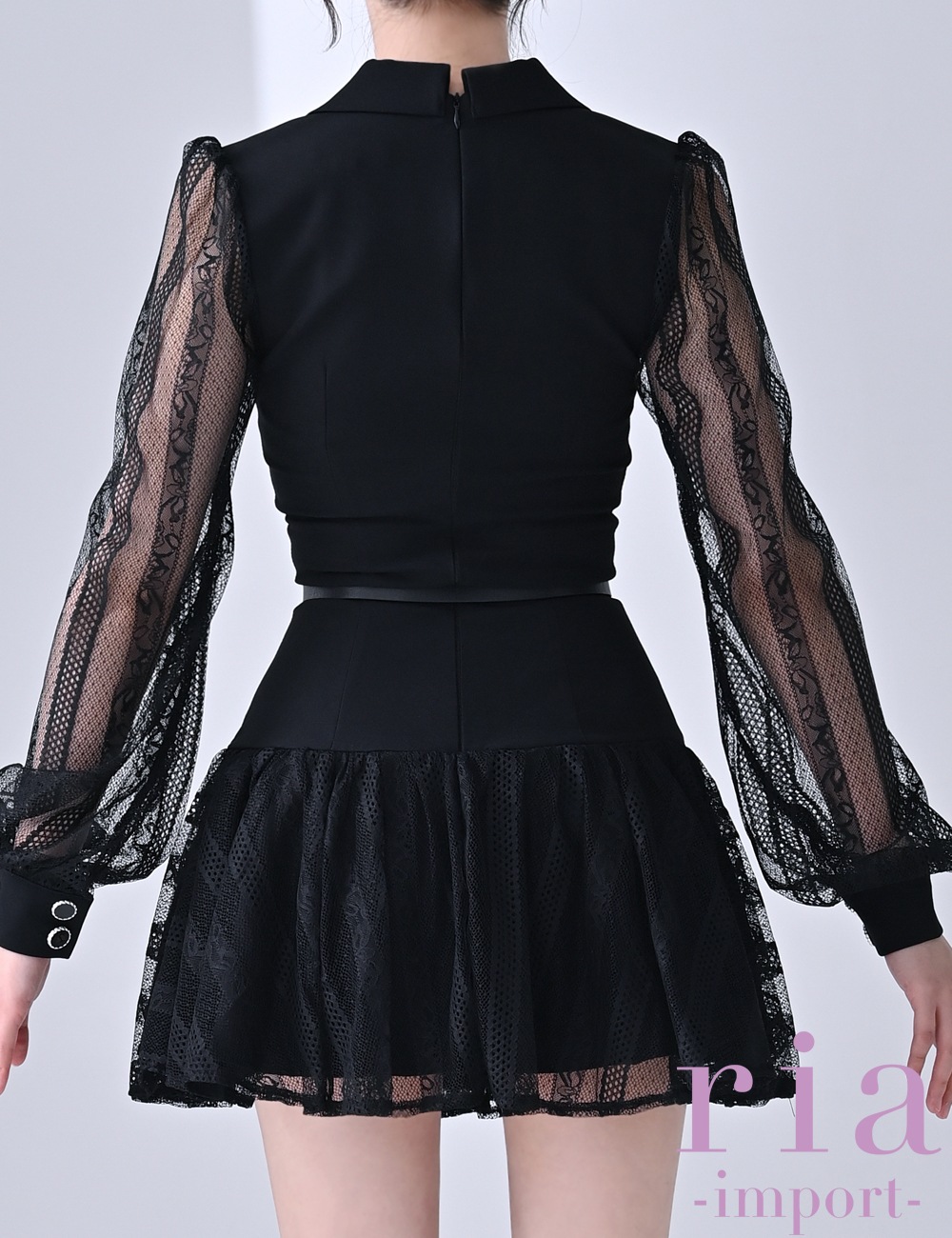 ria】ミニ/ドレス/ワンピース/ブラック/レース/長袖/袖あり/フレア