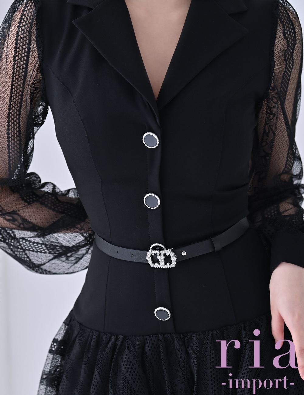 ria】ミニ/ドレス/ワンピース/ブラック/レース/長袖/袖あり/フレア