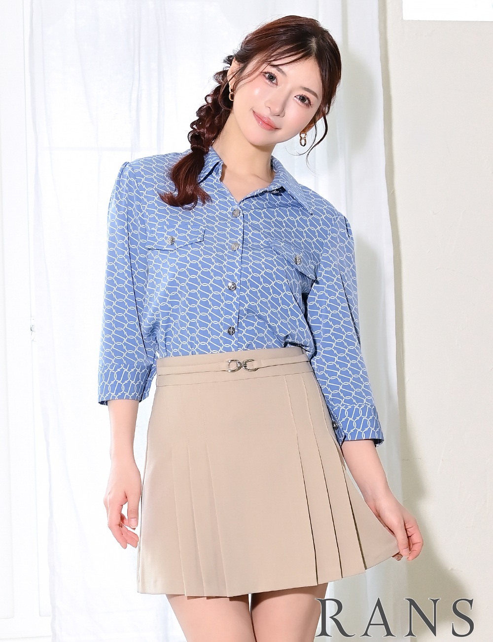 [即納][instock]【RANS】ミニ/ドレス/セットアップ/ブルー/ベージュ/襟付き/長袖/フレア/プリーツ