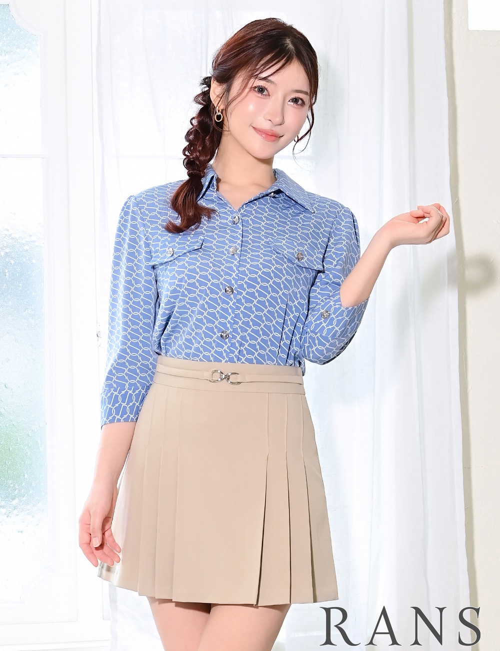 [即納][instock]【RANS】ミニ/ドレス/セットアップ/ブルー/ベージュ/襟付き/長袖/フレア/プリーツ