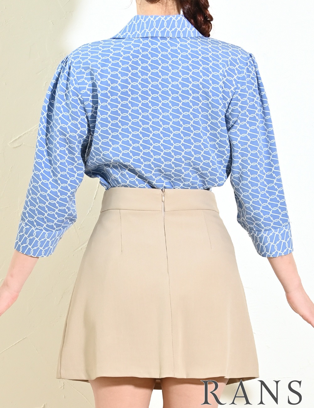 [即納][instock]【RANS】ミニ/ドレス/セットアップ/ブルー/ベージュ/襟付き/長袖/フレア/プリーツ