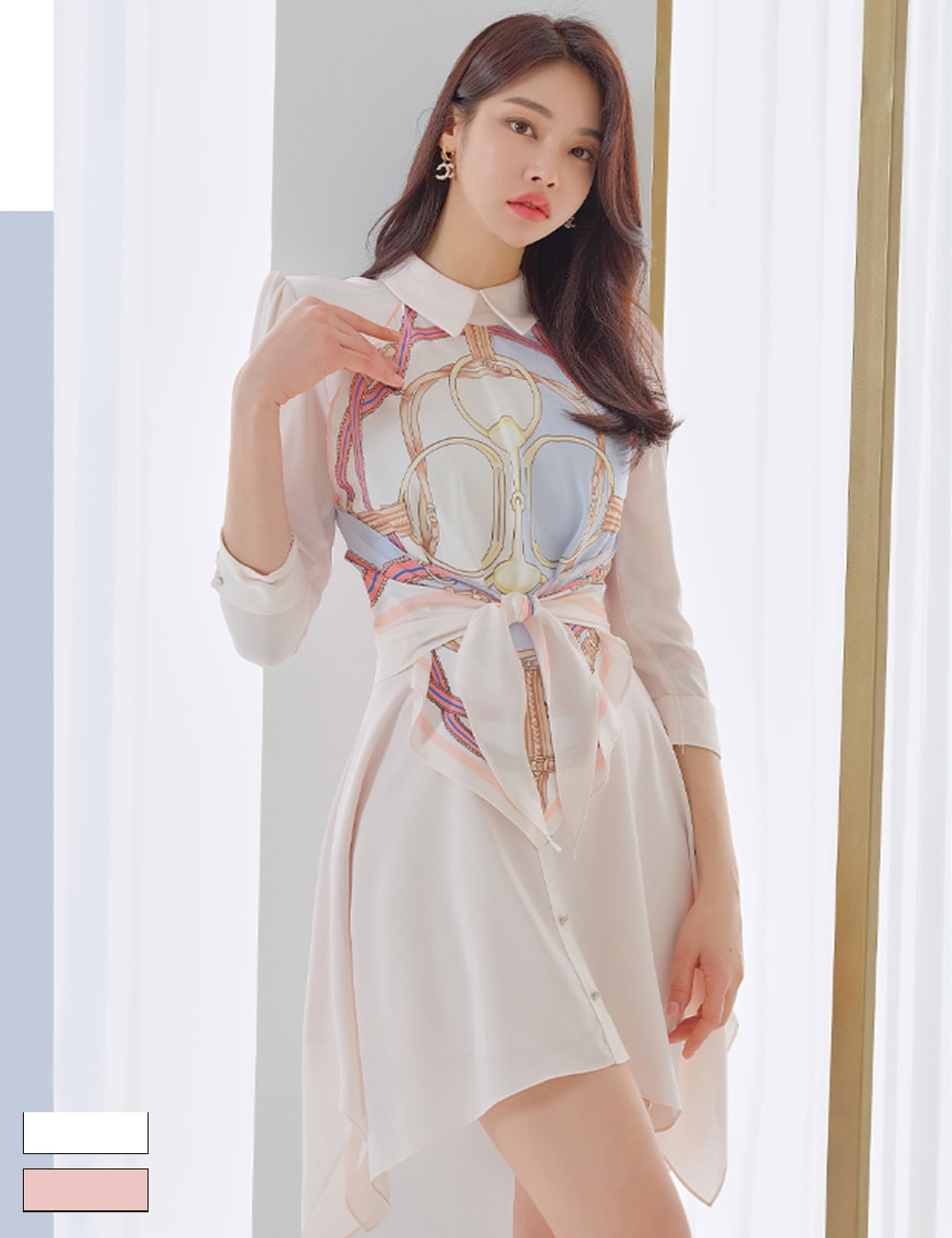 AIDMAX】ミニ/ドレス/ワンピース/ピンクベージュ/フレア/スカーフ/七分